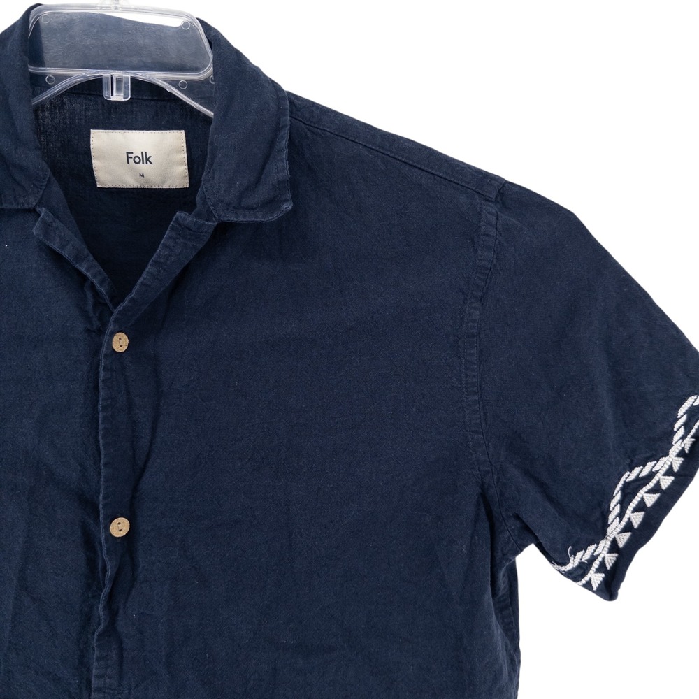 Folk Men's Medium Linen Blend Navy Blue Short Sleeve Shirt Tribal Embroidery‎